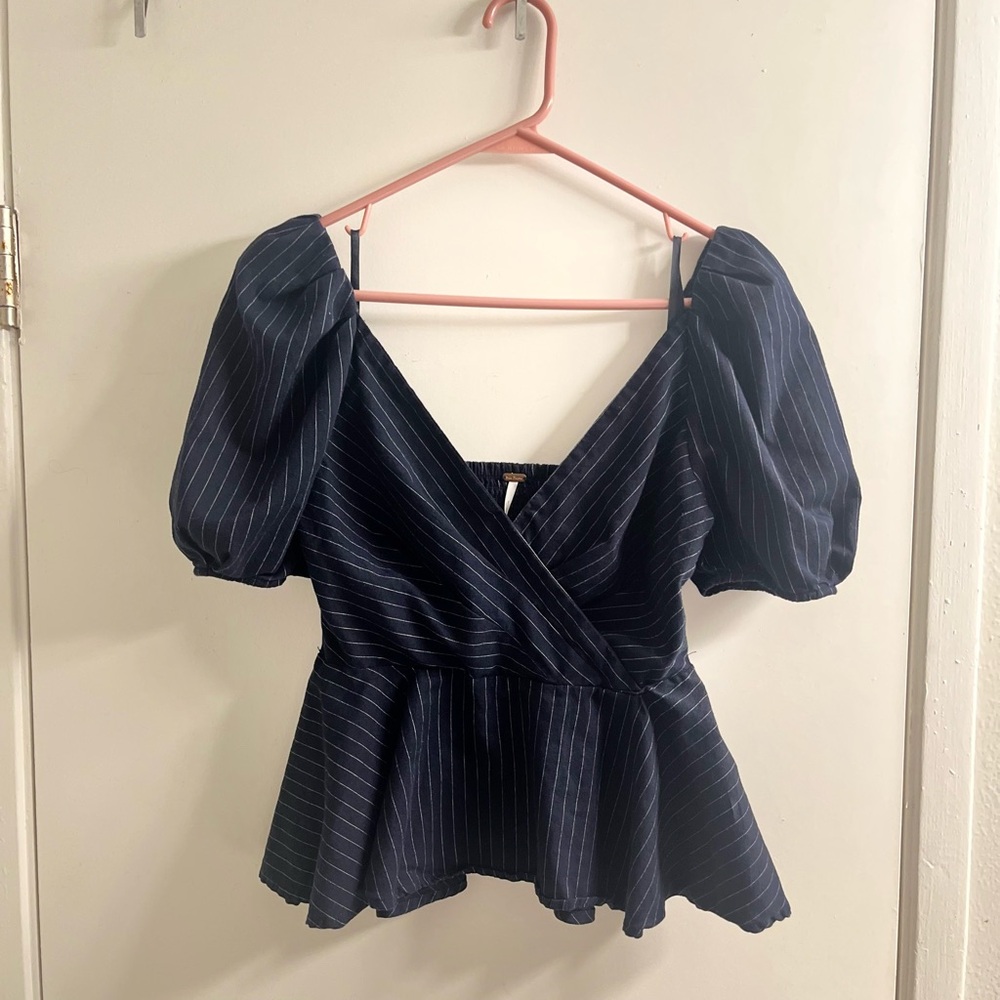 Free People Navy Blue Pinstripe Women's Top